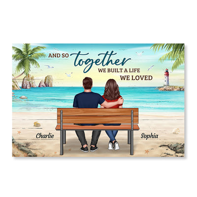 Back View Couple Sitting On Bench At Beach Personalized Horizontal Poster