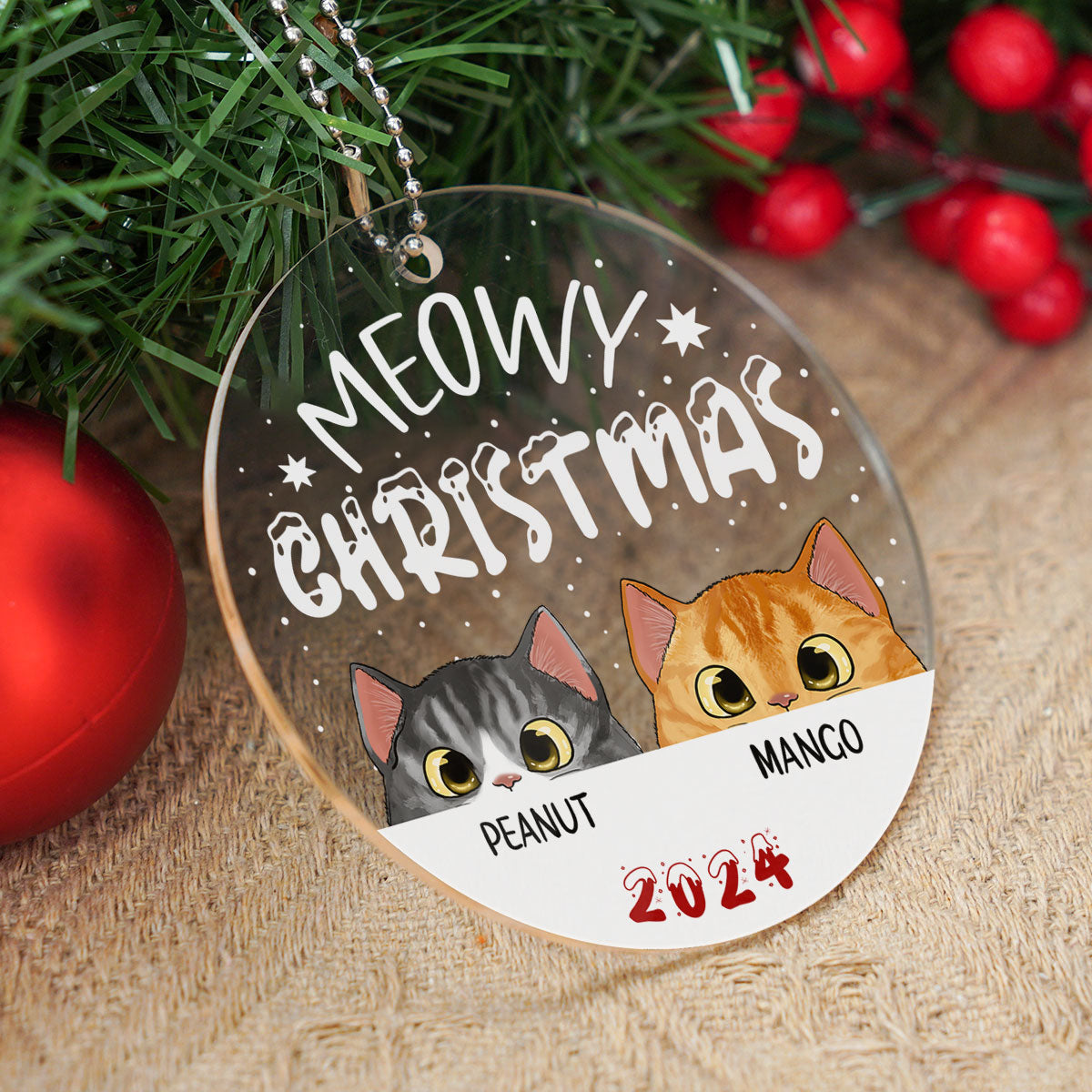 Cat Meowy Christmas Personalized Acrylic Ornament, Custom Cat Breed Ornament, Cat Lover Gift