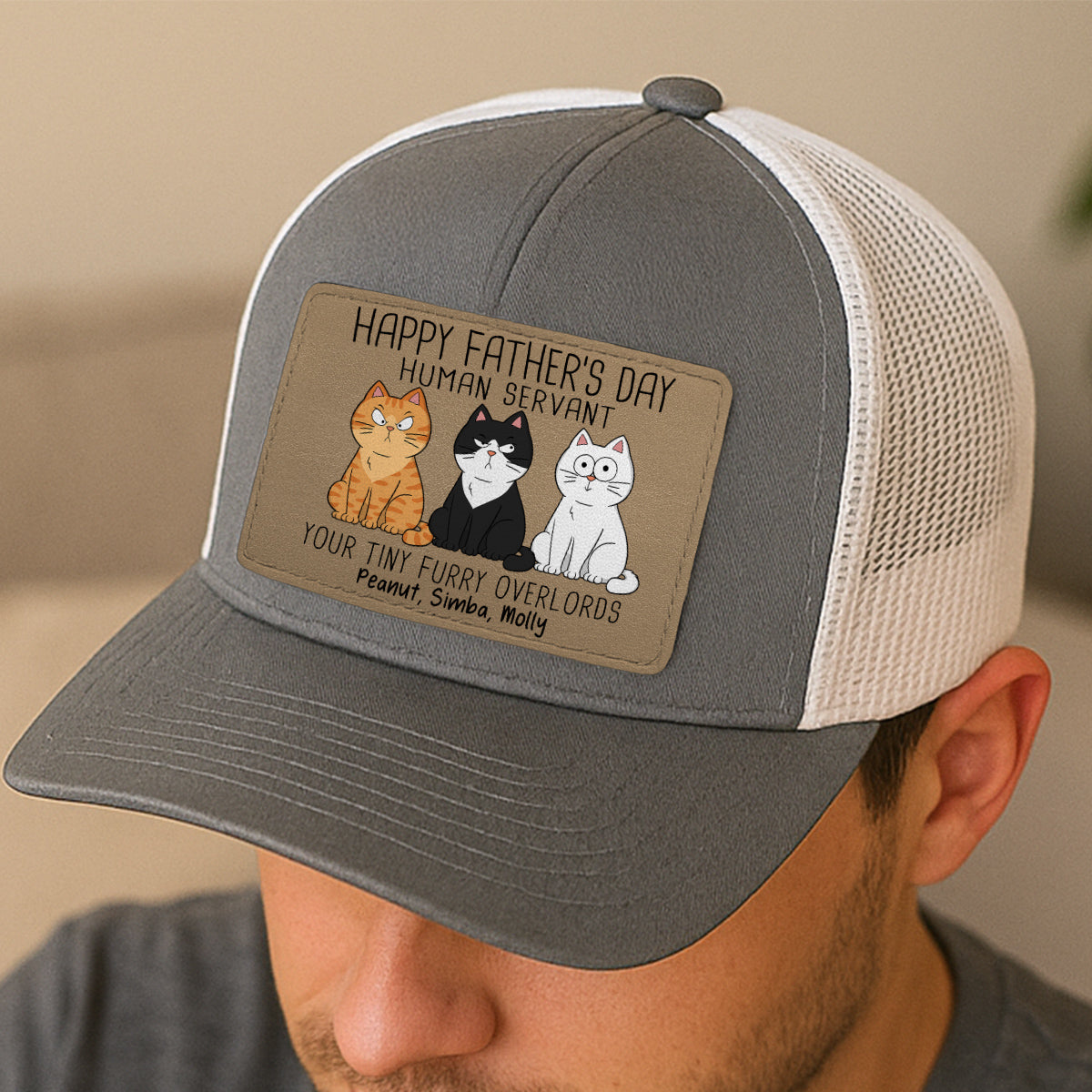 Happy Father‘s Day Human Servant Funny Cute Cats Personalized Leather Patch Hat, Gift For Cat Dad