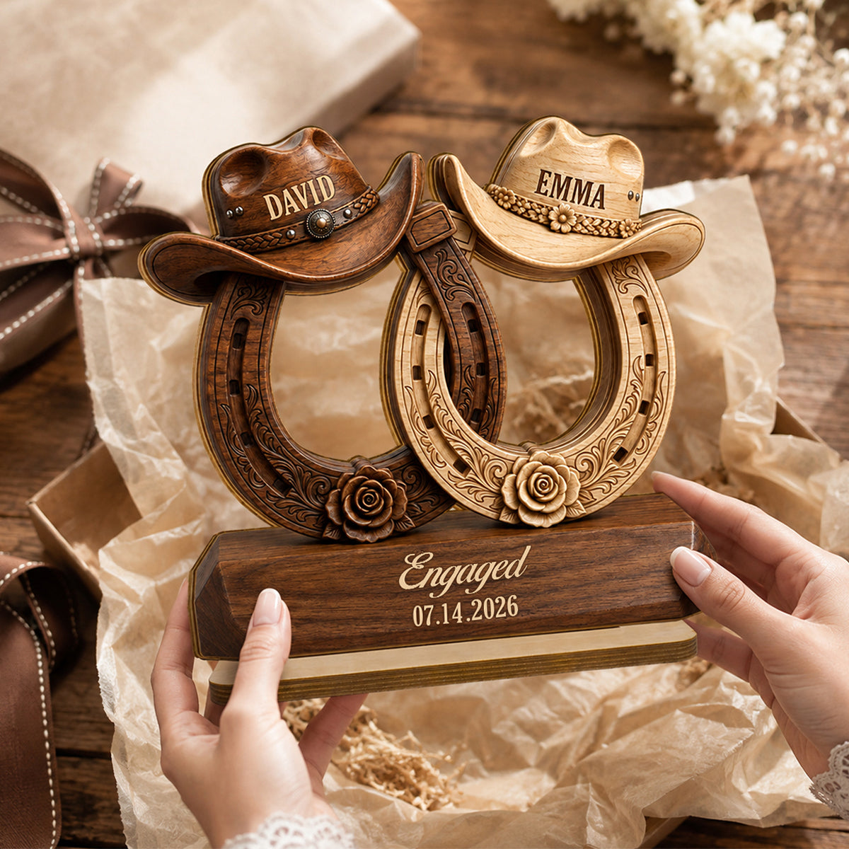 Couple Cowboy Hat Horseshoe - Personalized 2-Layered Wooden Plaque - Wedding, Anniversary Gift for Her, for Him