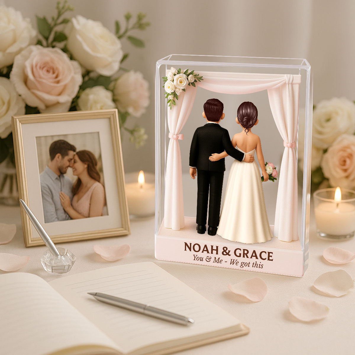 Bride & Groom Couple Figures Style Beach Wedding Theme Personalized Acrylic Flat Block Plaque, Wedding Gift, Newlyweds Gift
