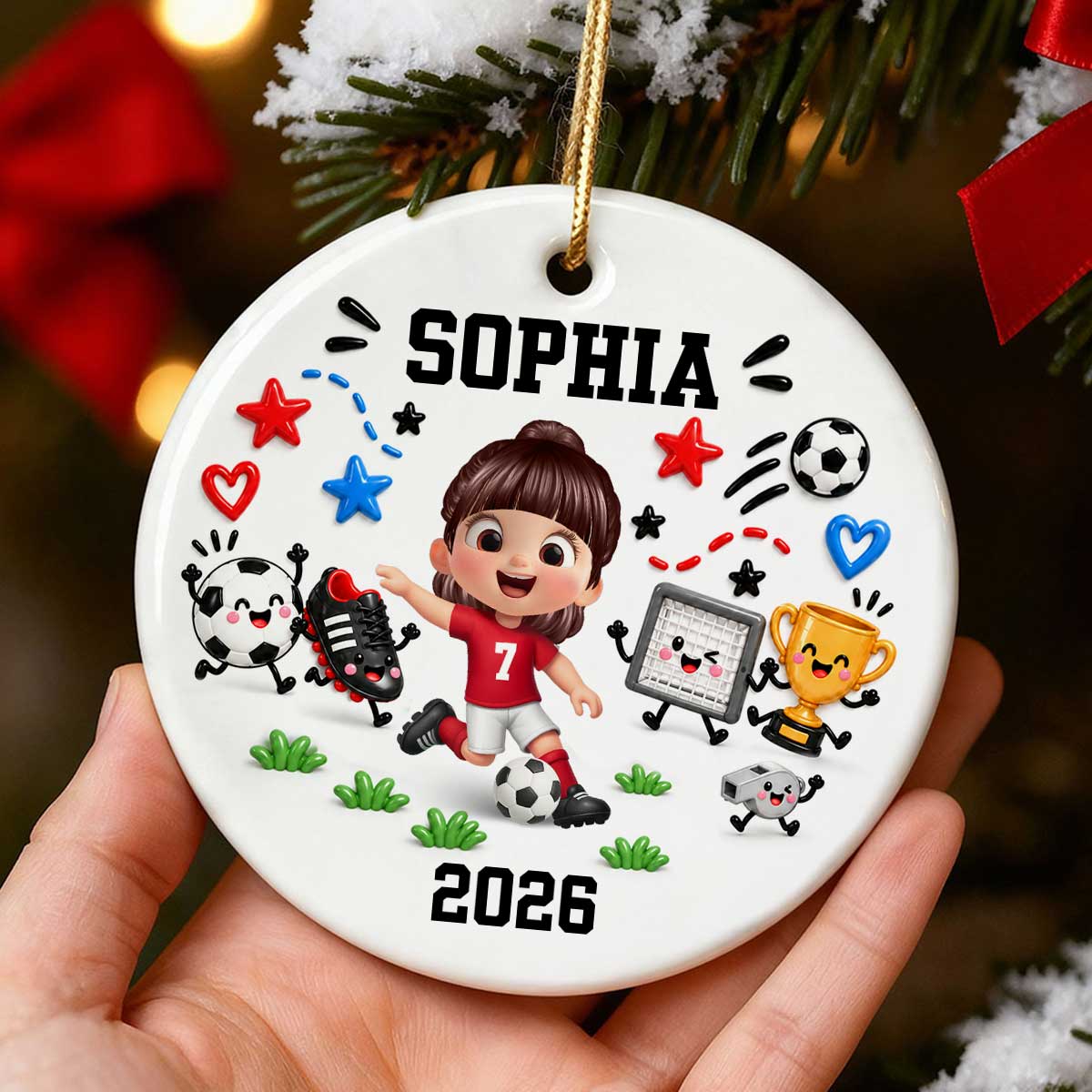 Cute Things Soccer Player 2D Flat Printed- Personalized Ceramic Ornament - Christmas Gift For Son, Grandson, Daughter, Granddaughter