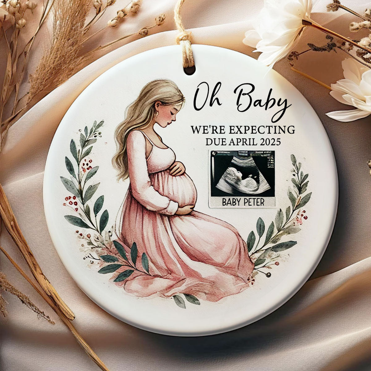 Oh Baby We're Expecting Pregnant Mom Baby Bump's Christmas Personalized Ceramic Ornament