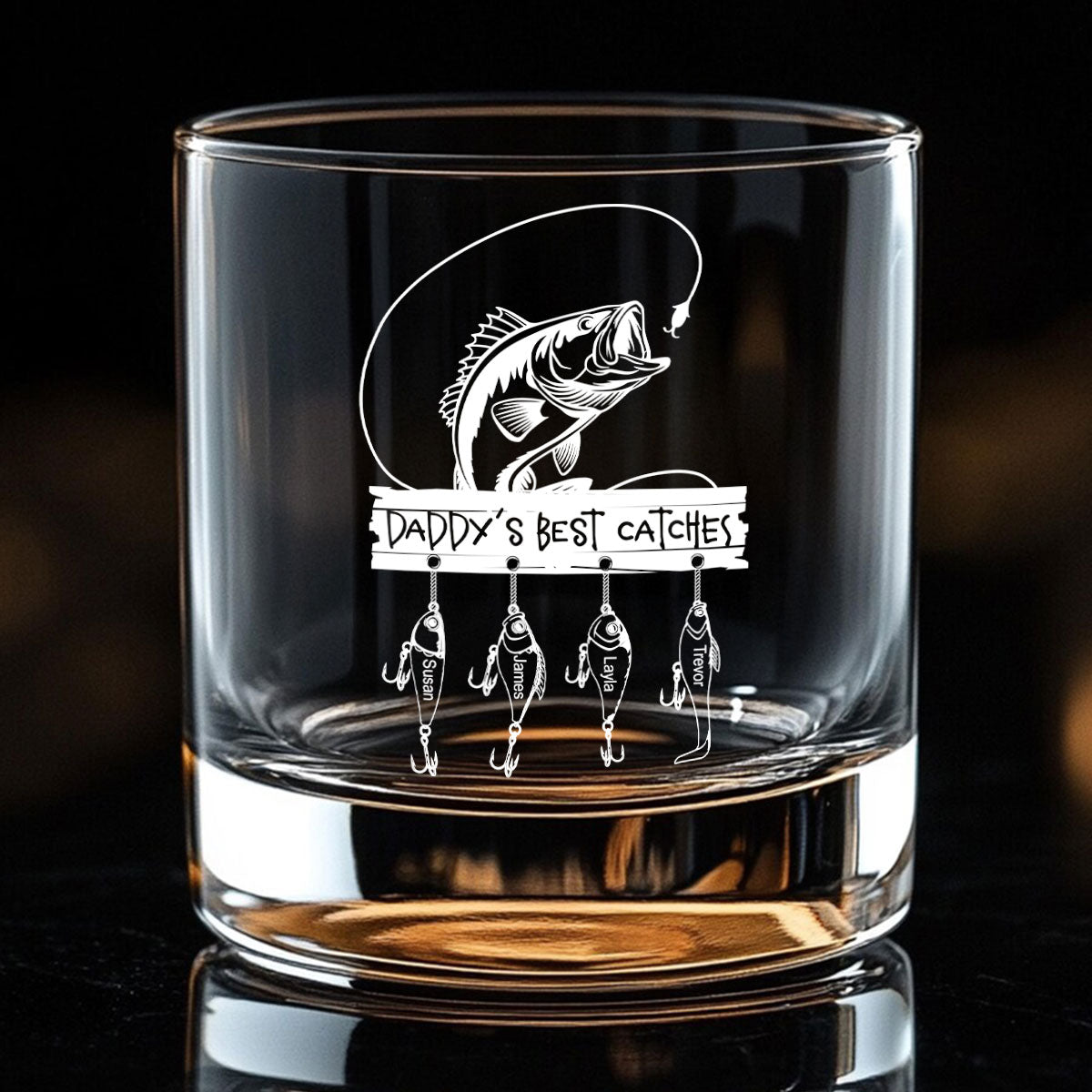 Daddy Grandpa Best Catch Personalized Whiskey Glass, Father's Day gift for Fishing Dad