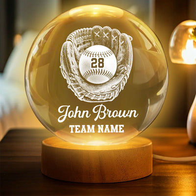 Proud Baseball Player Custom Name And Number - Personalized Crystal Ball - Christmas Gift For Teenagers, Kids, Baseball Players, Baseball Lovers, Daughter, Granddaughter, Son, Grandson