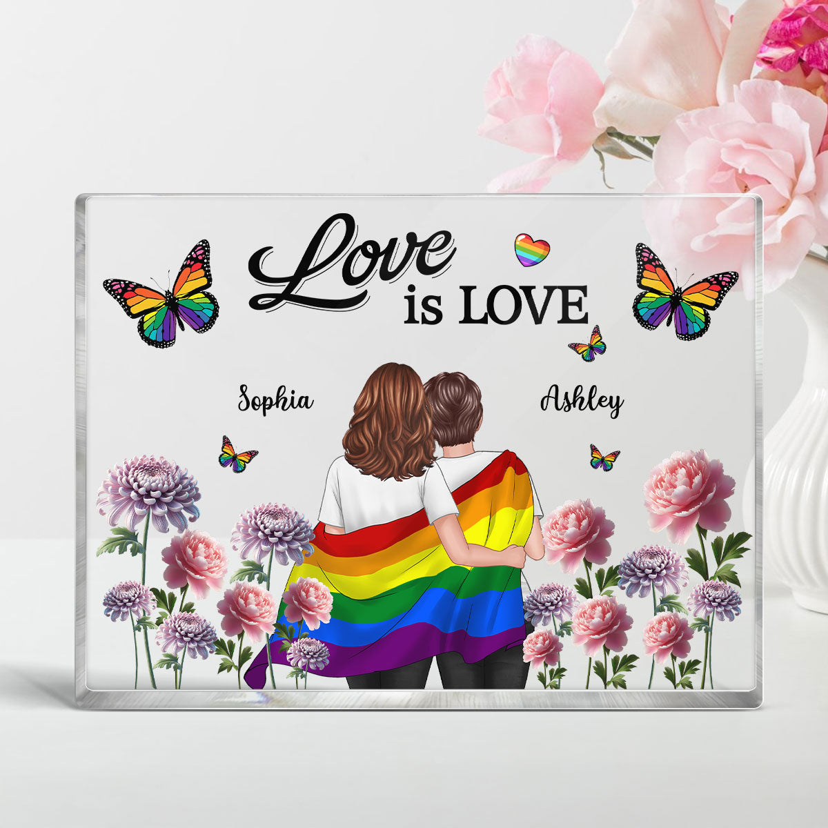 Pride Month LGBT Couple Birth Month Flowers Personalized Rectangle Acrylic Block Plaque, Gift For Couple