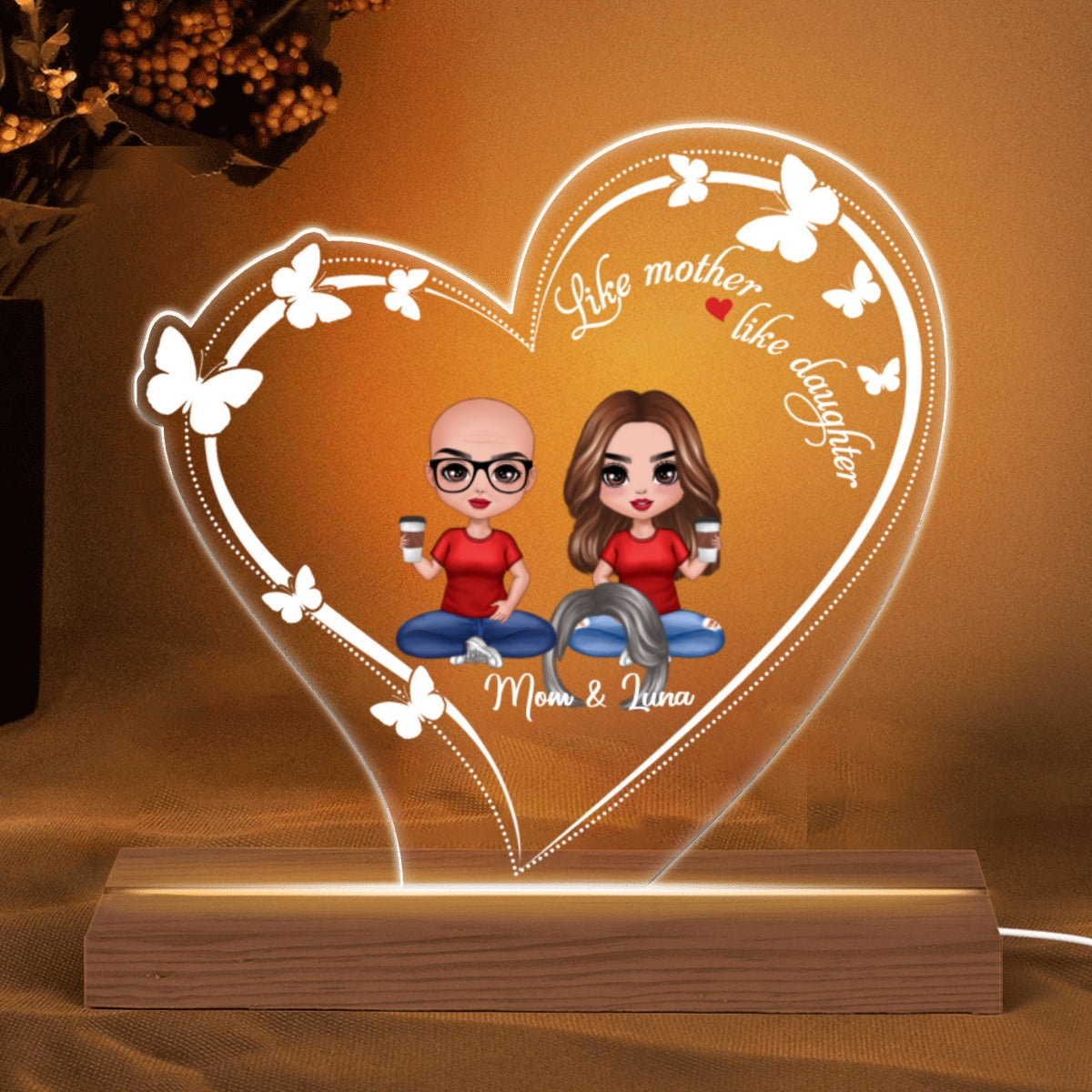Heart Butterflies Doll Mother And Daughters Personalized Custom Shape LED Night Light