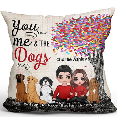 Embracing Couple With Dogs Under Colorful Tree Personalized Pillow (Insert Included)