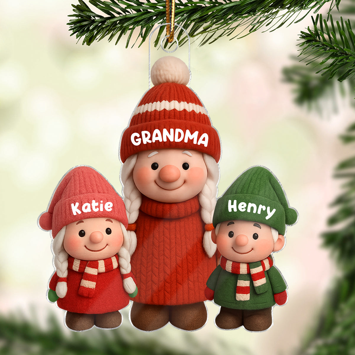 3D Effect Cute Gnome Grandma And Grandkids - Personalized Acrylic Ornament