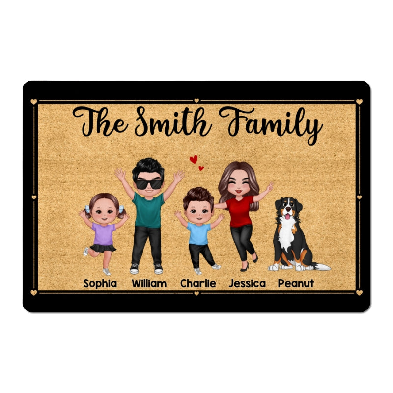 Happy Whole Family Doll Couple Dad Mom Kids Dogs Cats Personalized Doormat