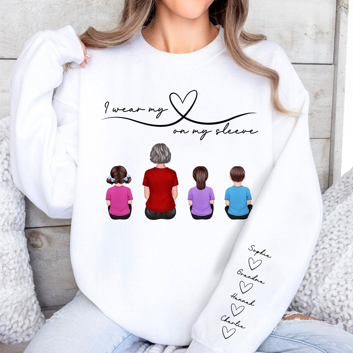 Grandma Mom Wear Her Heart On Her Sleeve, Beautiful Heart Design, Personalized Sleeve Printed Sweatshirt