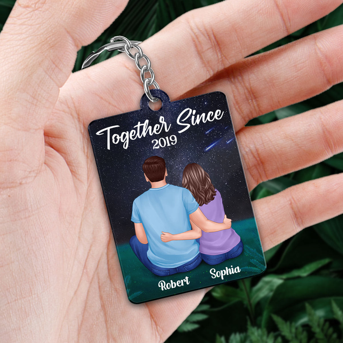 Couple Sitting Back View Under Night Sky Favorite Song QR Code Personalized Acrylic Keychain