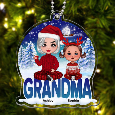 Grandma Grandkids Sitting Snowball Christmas Personalized Acrylic Ornament