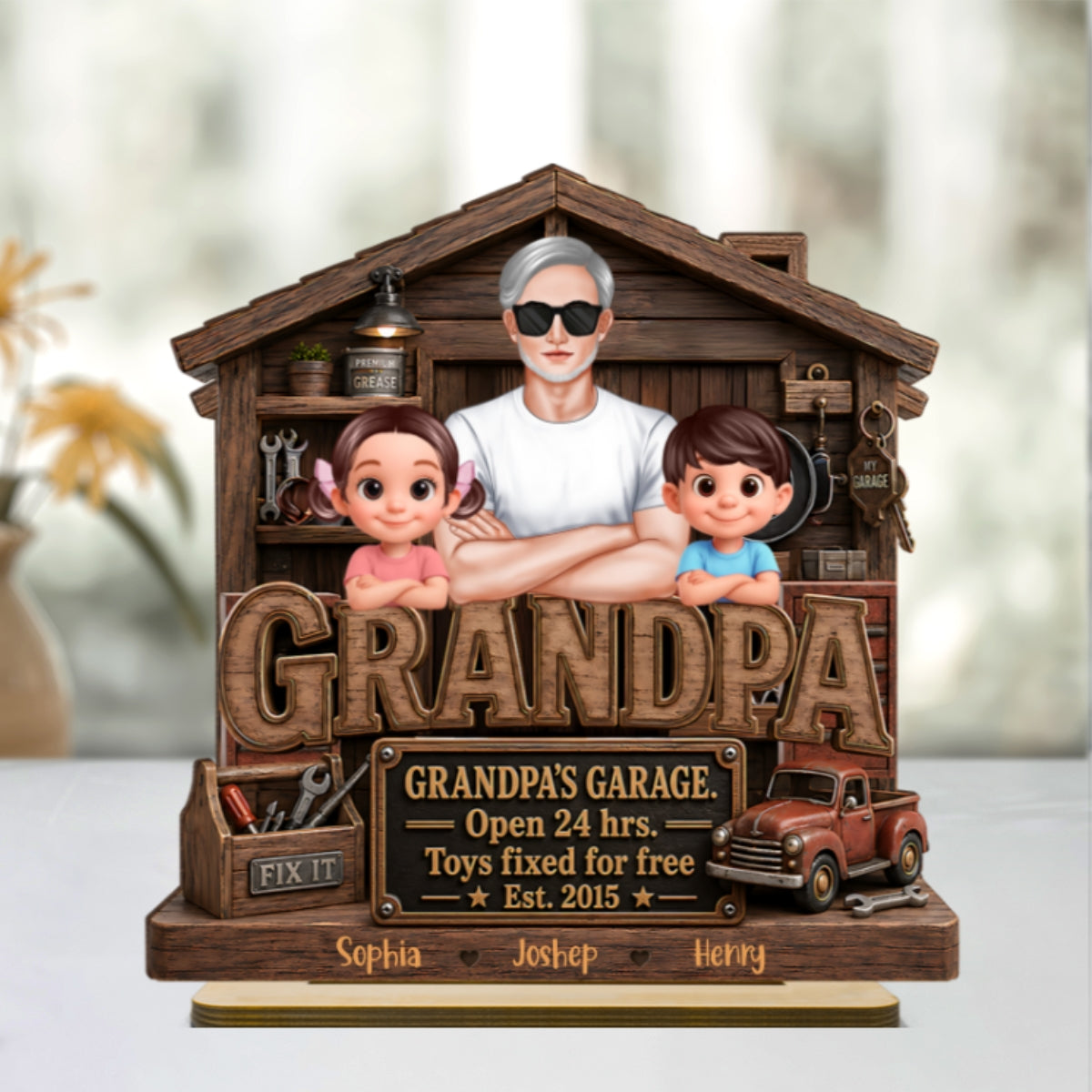 Grandpa's Garage - Personalized 2-Layered Wooden Plaque - Father's Day Gift for Dad, Grandpa, Husband