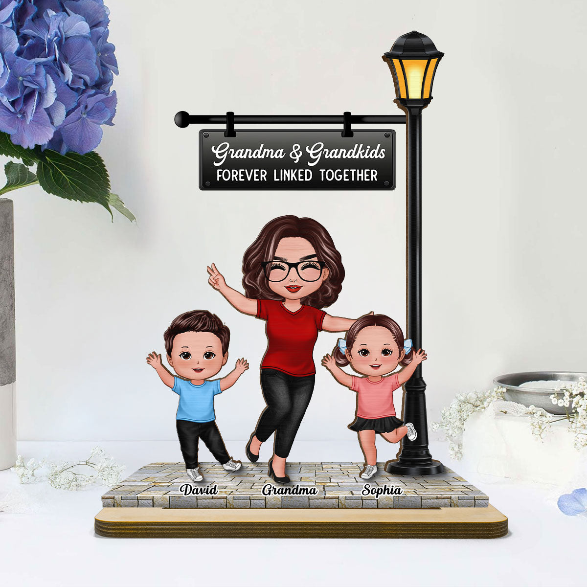 Grandma Grandkids Under Lamp Post Personalized 2-Layer Standing Wooden Plaque, Heartfelt Gift For Grandma, Grandkids