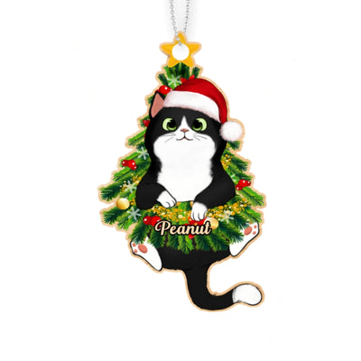 Fluffy Cats In Christmas Tree Personalized Wooden Ornament