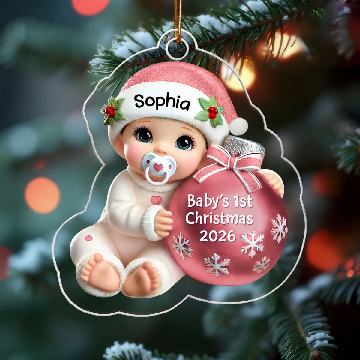 Baby Beside Christmas Bauble 3D Effect Baby's First Christmas Personalized Acrylic Flat Ornament