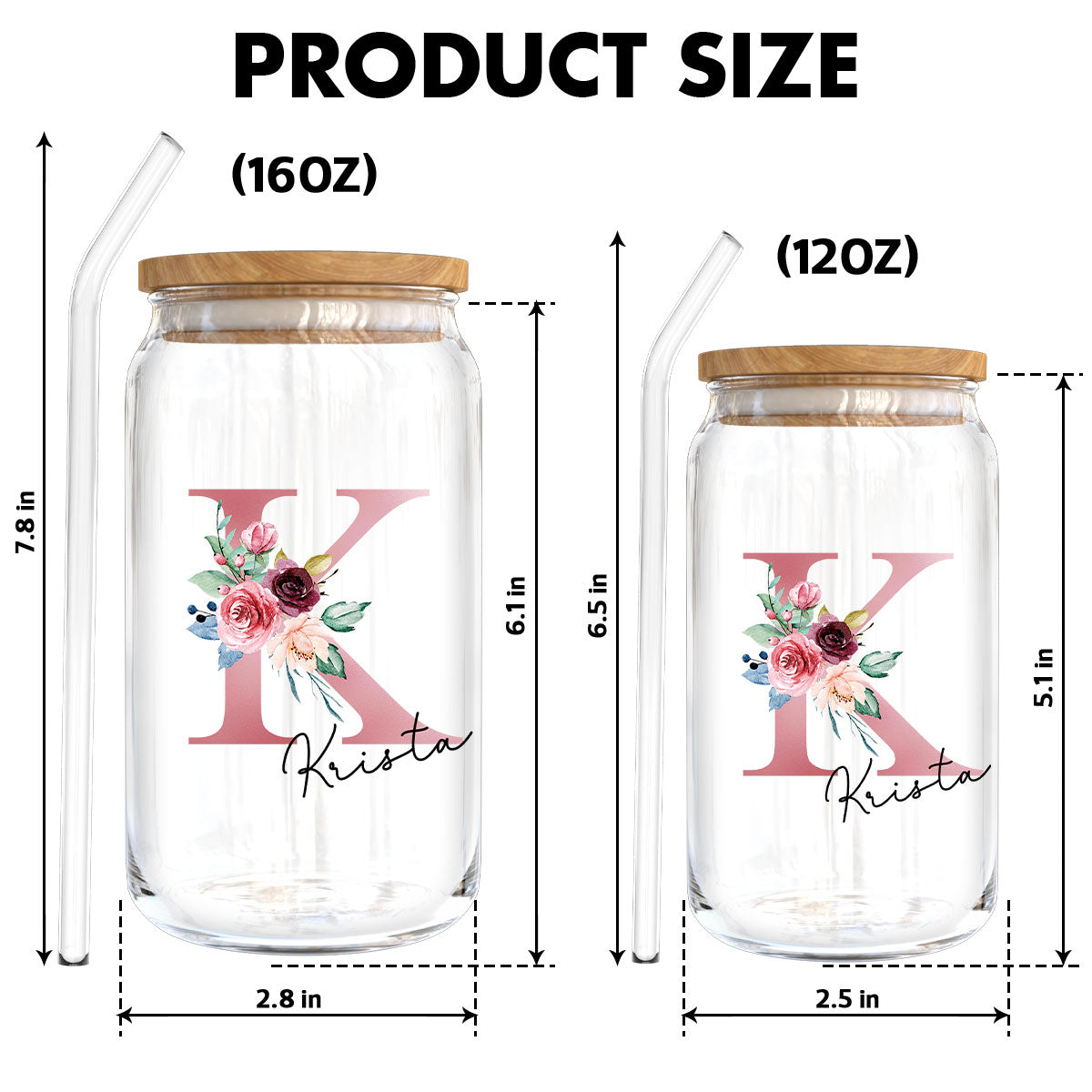 Beautiful Floral Initial Name Mother‘s Day Birthday Gift For Grandma Mom Women Personalized Clear Glass Can