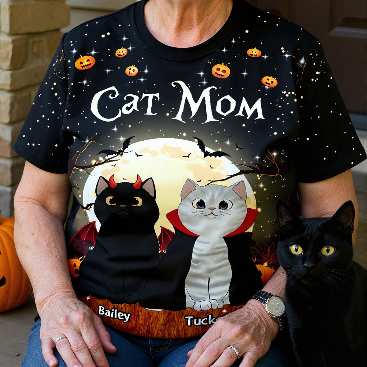 Spooky Cats In Halloween Moon Light Personalized Shirt, Halloween Costume For Cat Lover