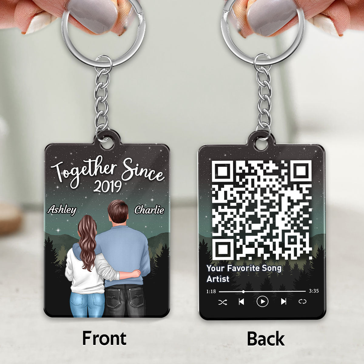 Galaxy Night Back View Couple Standing Hugging Favorite Song Scannable QR Code Personalized Acrylic Keychain