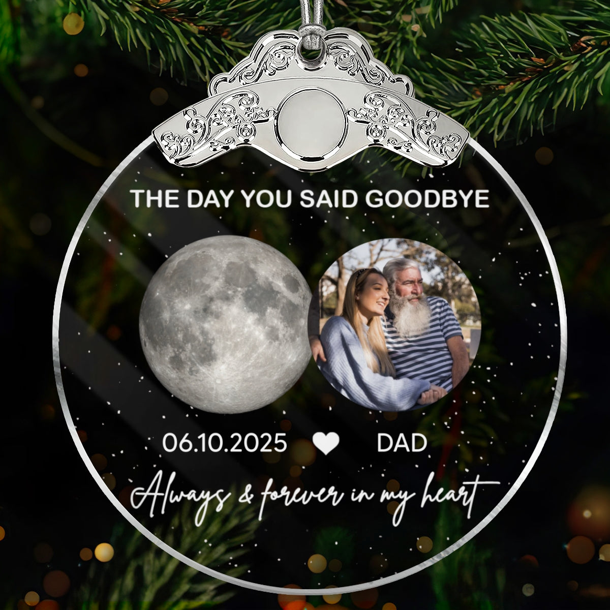 The Day You Said Goodbye Custom Moon Phase Upload Photo - Personalized Glass Ornament With Silver Cap - Heartwarming Memorial Sympathy Gift