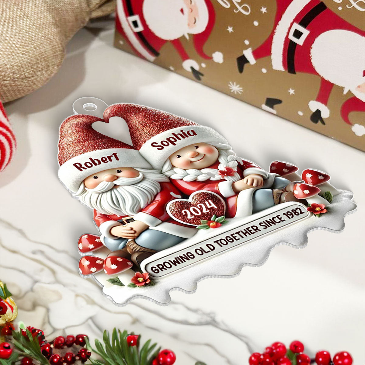 3D Effect Gnome Couple - Personalized Acrylic Ornament - Gift for Him, Gift for Her
