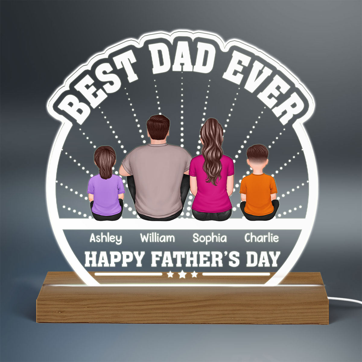 Best Dad Ever Back View Man Kids Dog Cat Personalized Custom Shaped Acrylic Plaque With Warm LED Night Light
