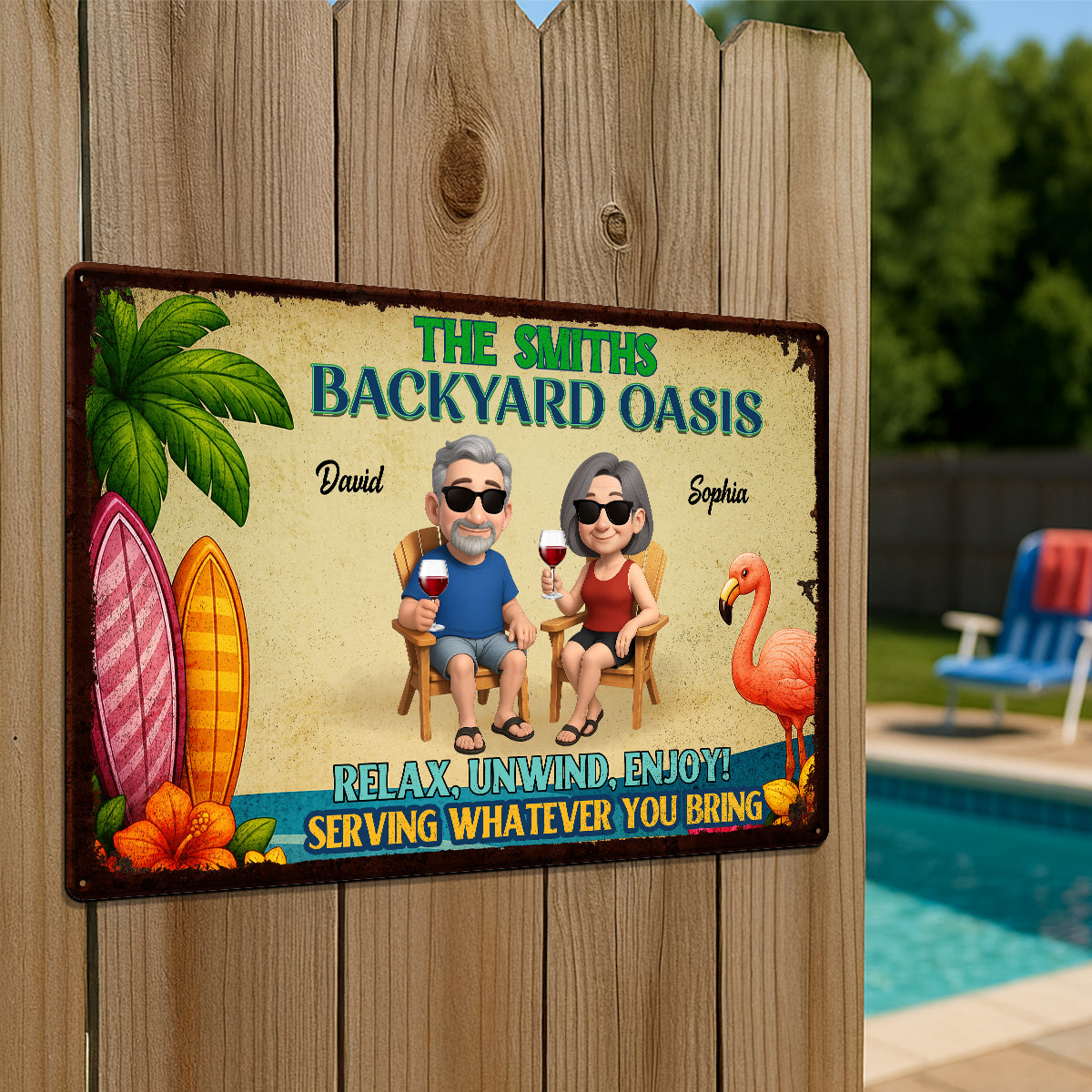 Backyard Oasis Serving Whatever You Bring, Personalized Metal Sign, Patio Decor, Pool Sign, Tiki Bar
