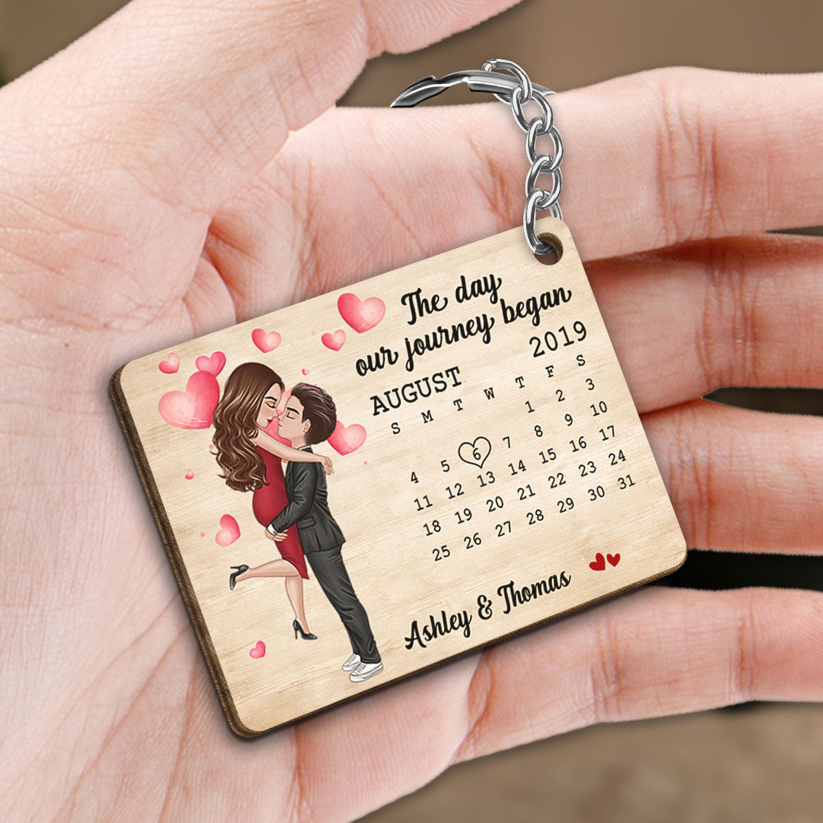 Doll Couple Hugging Kissing Calendar Anniversary Date Personalized Wooden Keychain