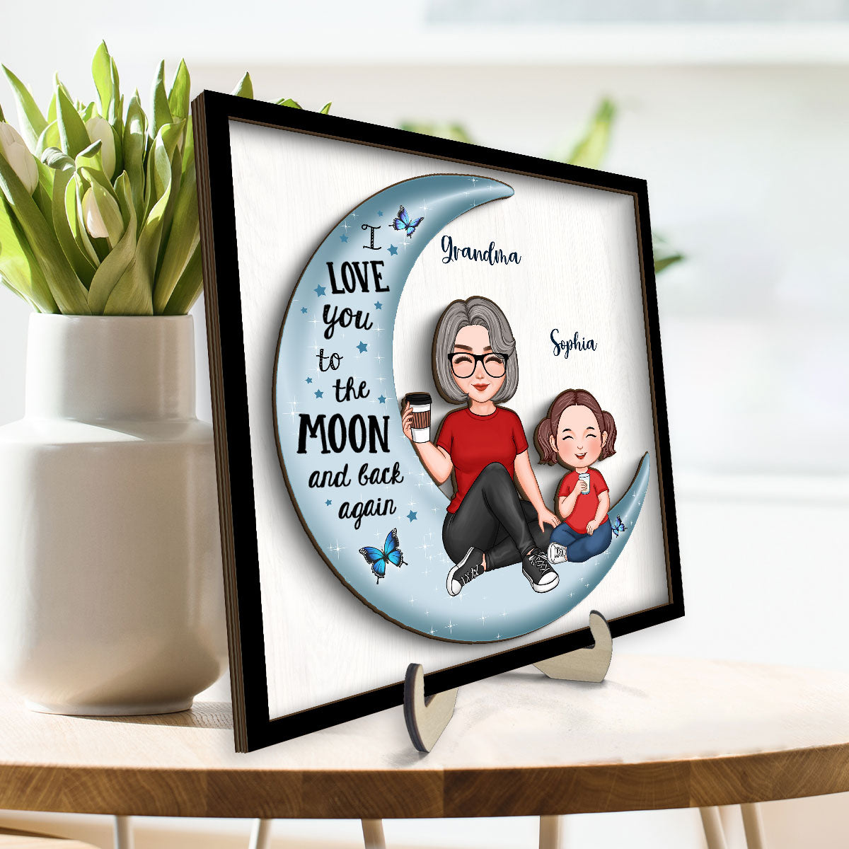Cute Grandma & Grandkid On Moon Gift For Granddaughter Grandson Grandma Personalized 2-Layer Wooden Plaque