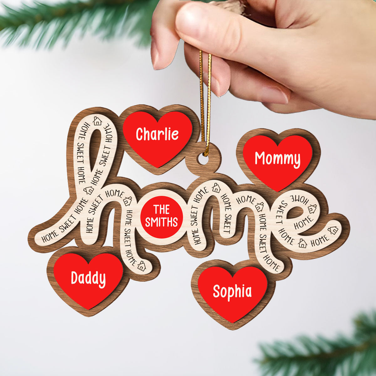 Home Sweet Home Hearts Personalized 2-Layer Wooden Orrnament, Christmas Gift for Family