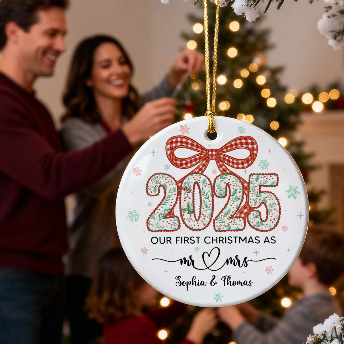 2025 First Christmas As Mr. & Mrs. Christmas Greenery Theme - Personalized Ceramic Ornament - Married, Engagement Gift for Couples
