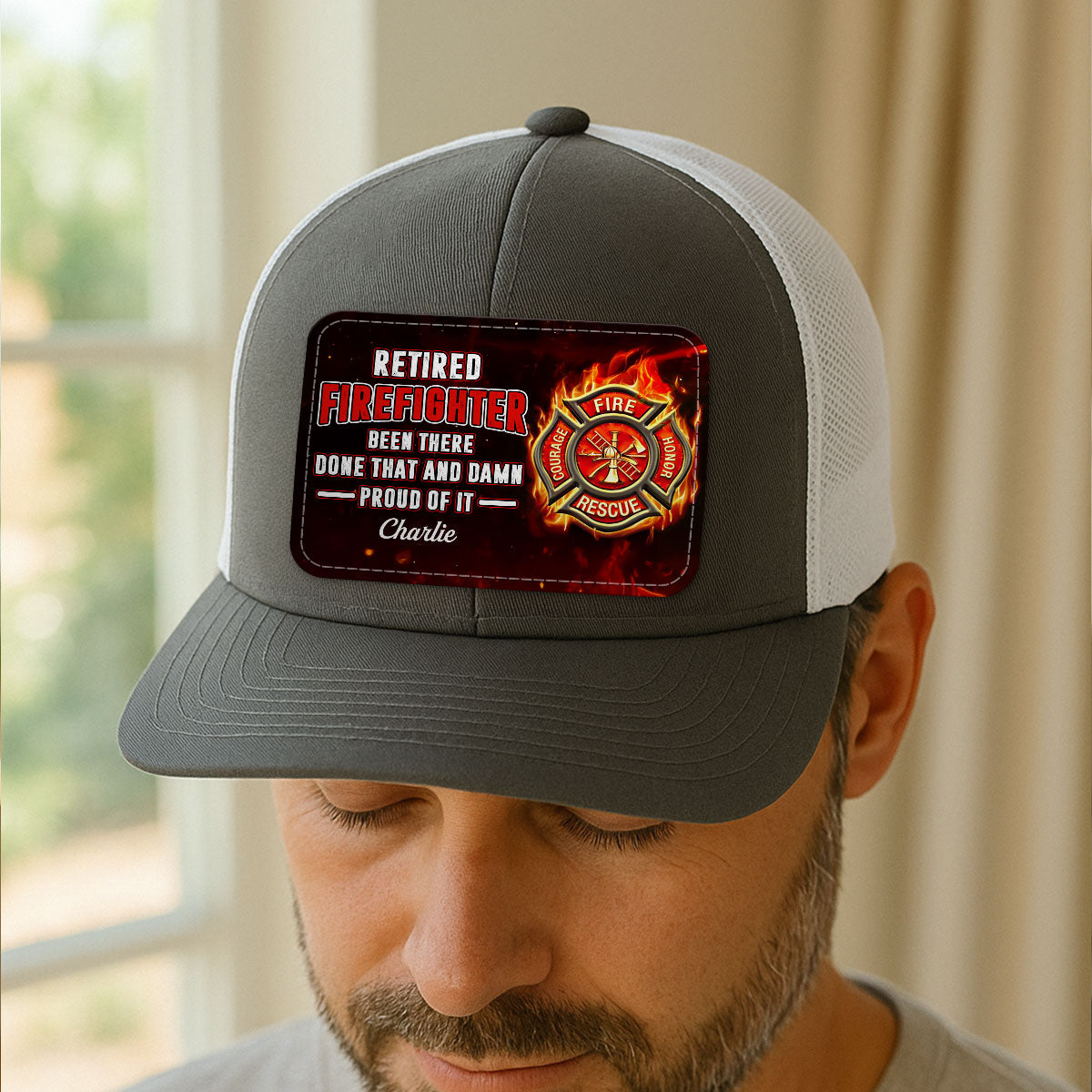 Retired Firefighter Proud Of It Gift For Dad Grandpa Personalized Leather Patch Hat