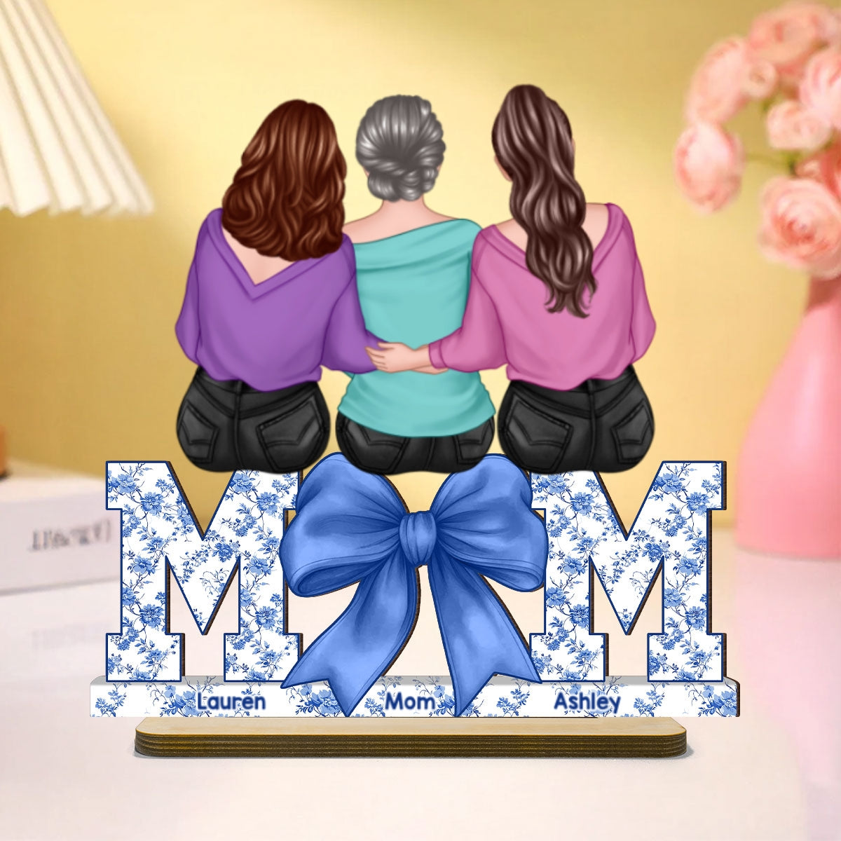 Mother Daughters Blue Floral Chinoiserie Personalized Standing Wooden Plaquer, Gift