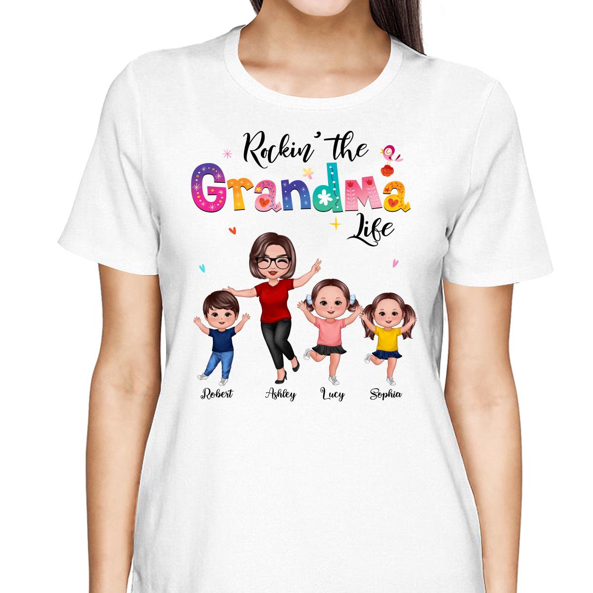 Colorful Floral Pattern Rockin‘ The Grandma Life Happy Doll Grandma & Grandkids Personalized Shirt