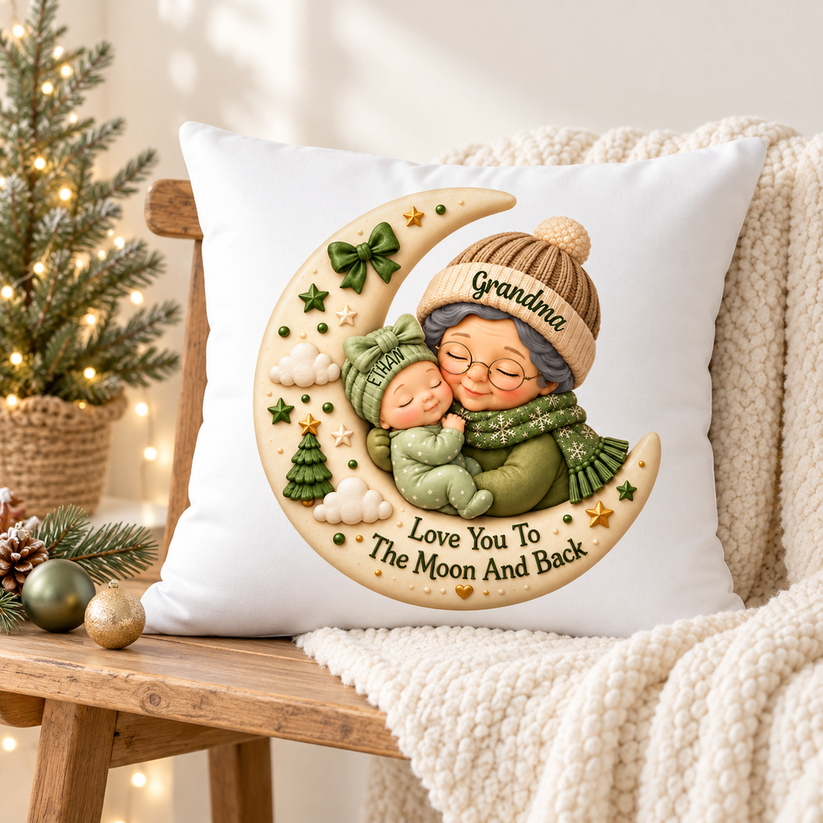 First Christmas as Grandma Love to the Moon and Back - Personalized Pillow - Christmas Gift for Grandma