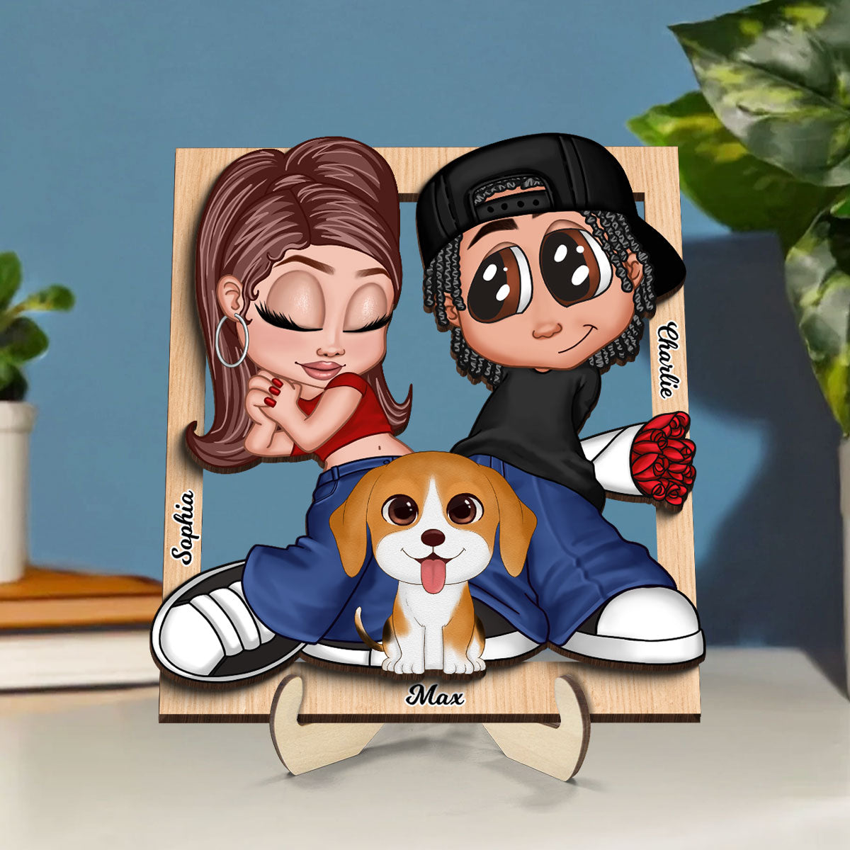 Y2K Couple Dogs Cats Frame Personalized 2-layer Wooden Plaque,  Gift for Him, Gift for Her