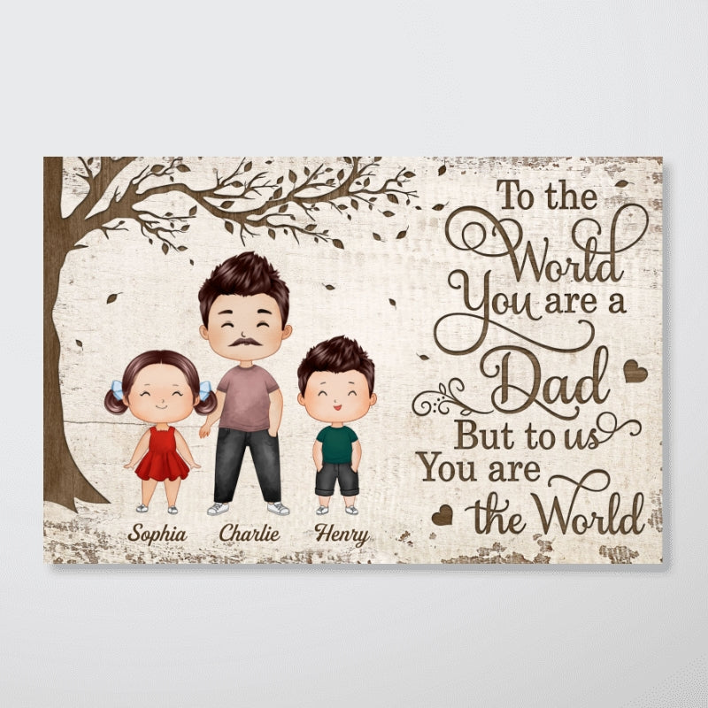 Watercolor Style Doll Dad And Kids Dogs Cats Under Tree Personalized Horizontal Poster