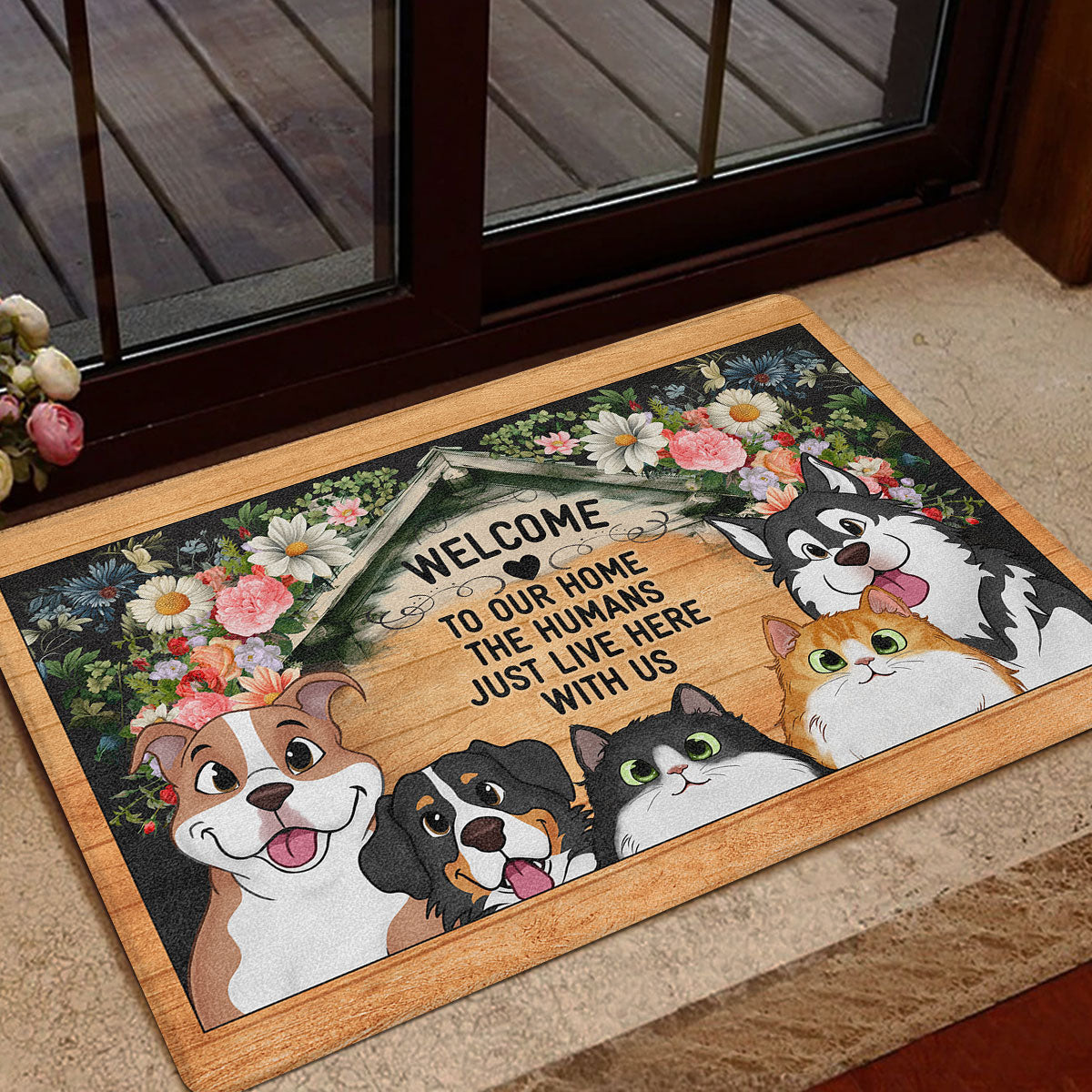 Welcome To Our Home Peeking Dogs Cats Personalized Door Mat