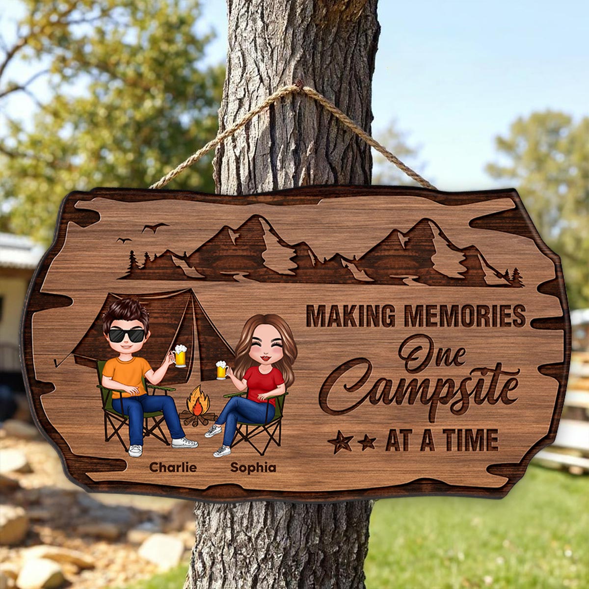 Doll Couple Camping Rustic Personalized Wood Sign