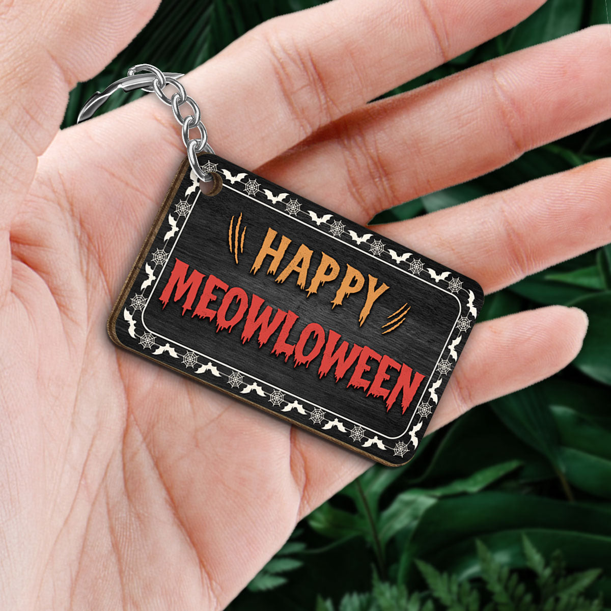 Happy Meowloween Fluffy Funny Cats Expressions Personalized Wooden Keychain