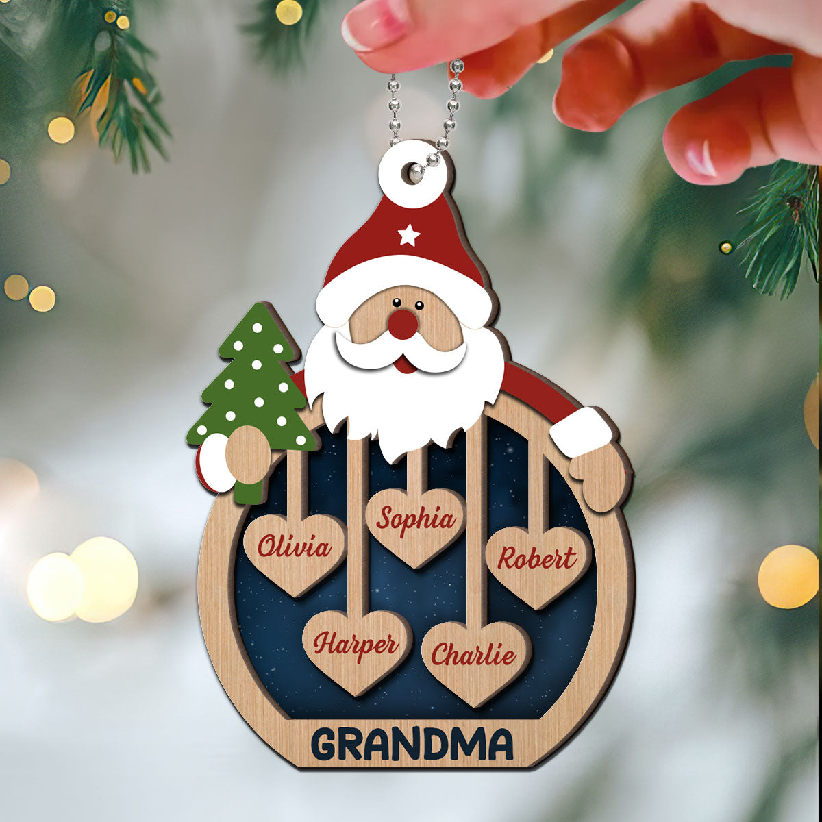 Grandma's Sweethearts Santa Claus Personalized Christmas 2-Layer Wooden Ornament
