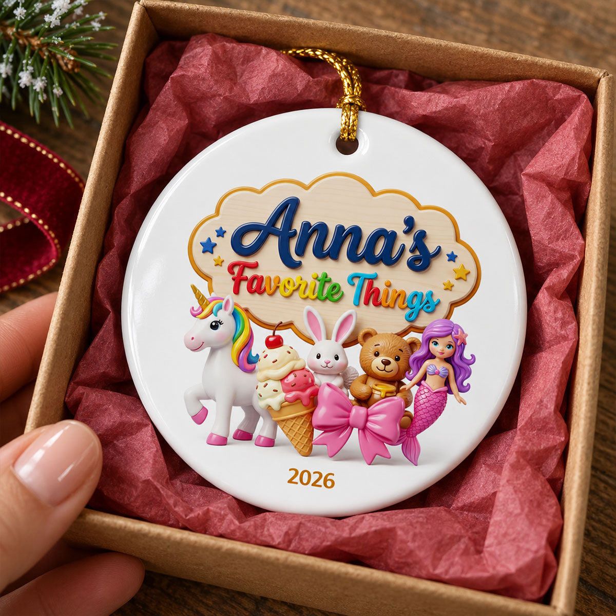 Kid's Favorite Things 2D Flat Printed - Personalized Ceramic Ornament - Custom Name & Favorite Things Keepsake Gift for Kids