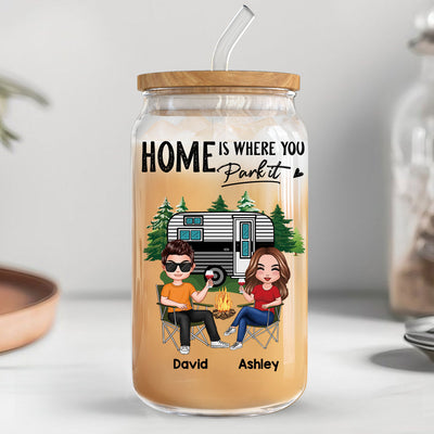 Doll Couple Camping Personalized Clear Glass Can