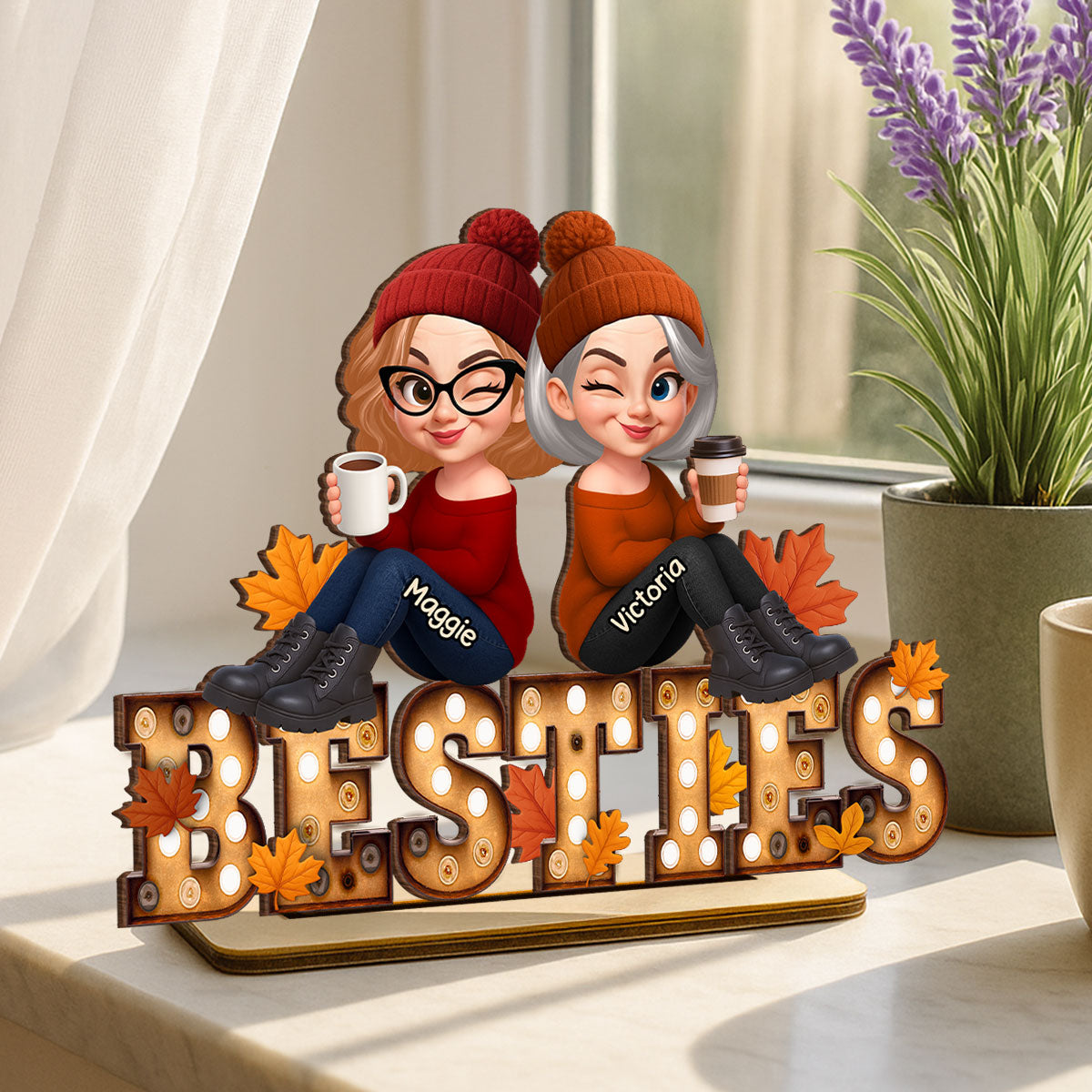 Fall Besties Sitting On Text Marquee Effect Personalized Standing Wooden Plaque, Meaningful Gift For Best Friends