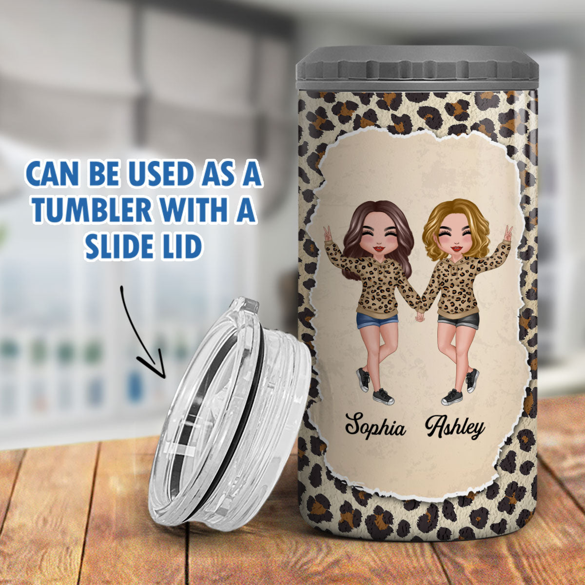 Happy Doll Besties Sisters Torn Leopard Frame Personalized 4 In 1 Can Cooler