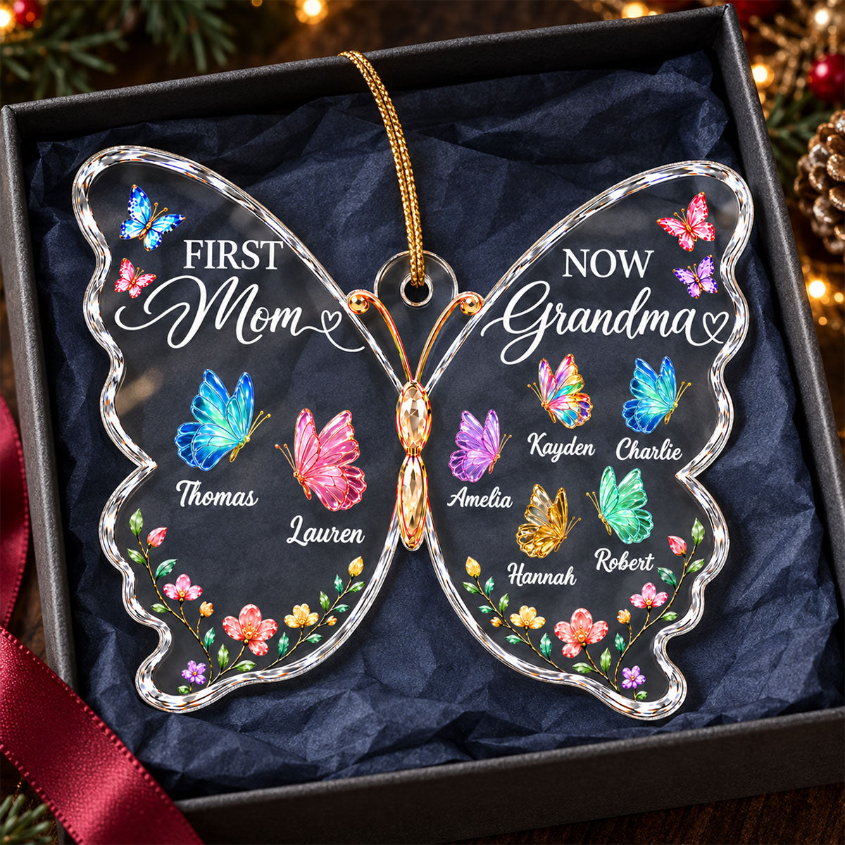 First Mom Now Grandma Butterfly - Personalized Acrylic Ornament - Christmas Gift for Mom, Grandma