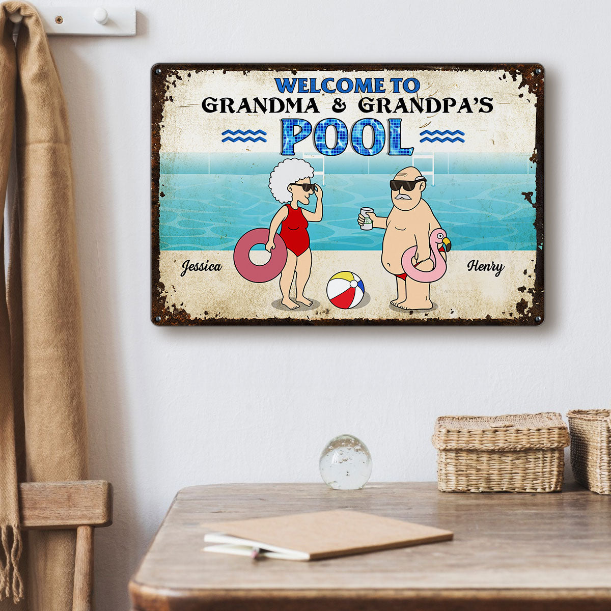 Welcome To Grandma Grandpa Pool, Funny Cartoon Personalized Metal Sign