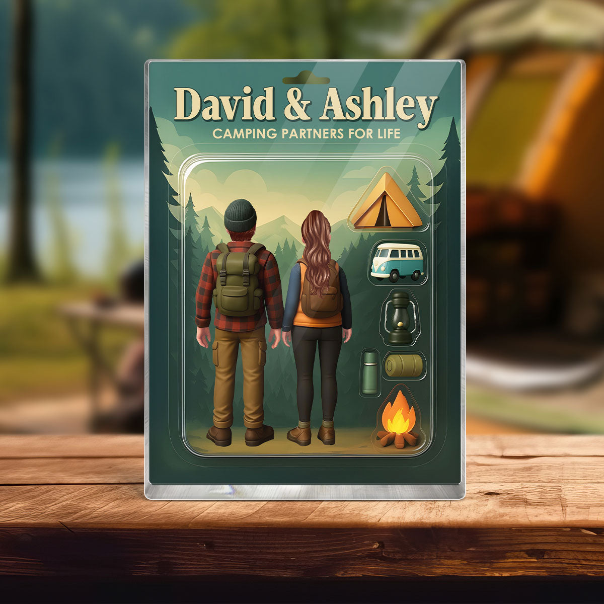 Camping Couple Toy Box Figures Style Personalized Acrylic Block Plaque