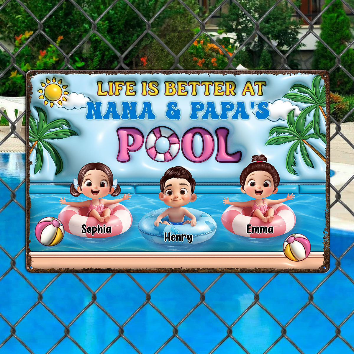 Life Is Better At Grandpa Grandma Pool 3D Inflated Effect Personalized Metal Sign, Grandchildren Welcome Sign